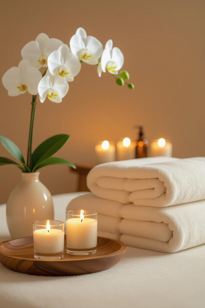 White orchids, soft cream candles and folded towels in the studio — the quiet warmth of The Elbow Room