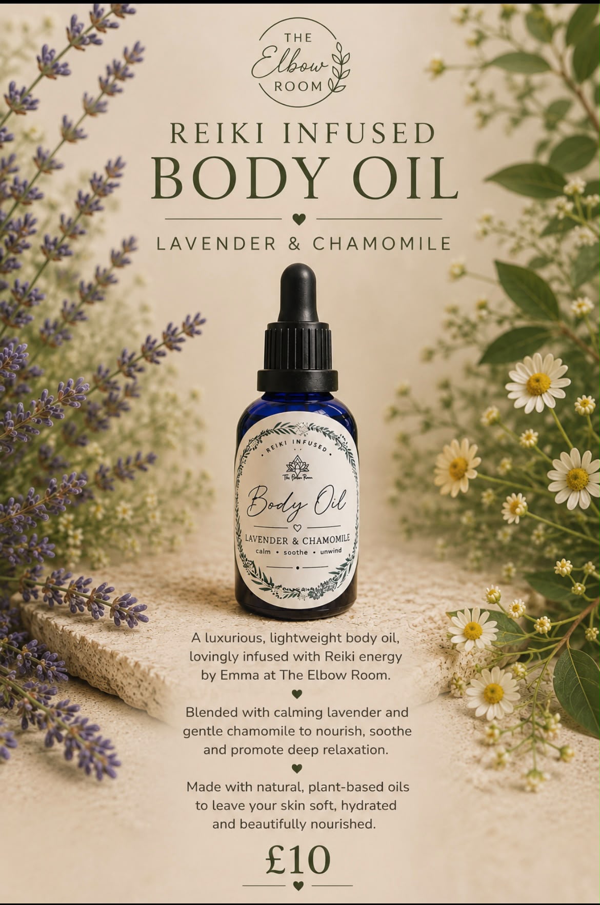 Reiki Infused Body Oil in Lavender and Chamomile in a dark blue dropper bottle among fresh lavender and daisies