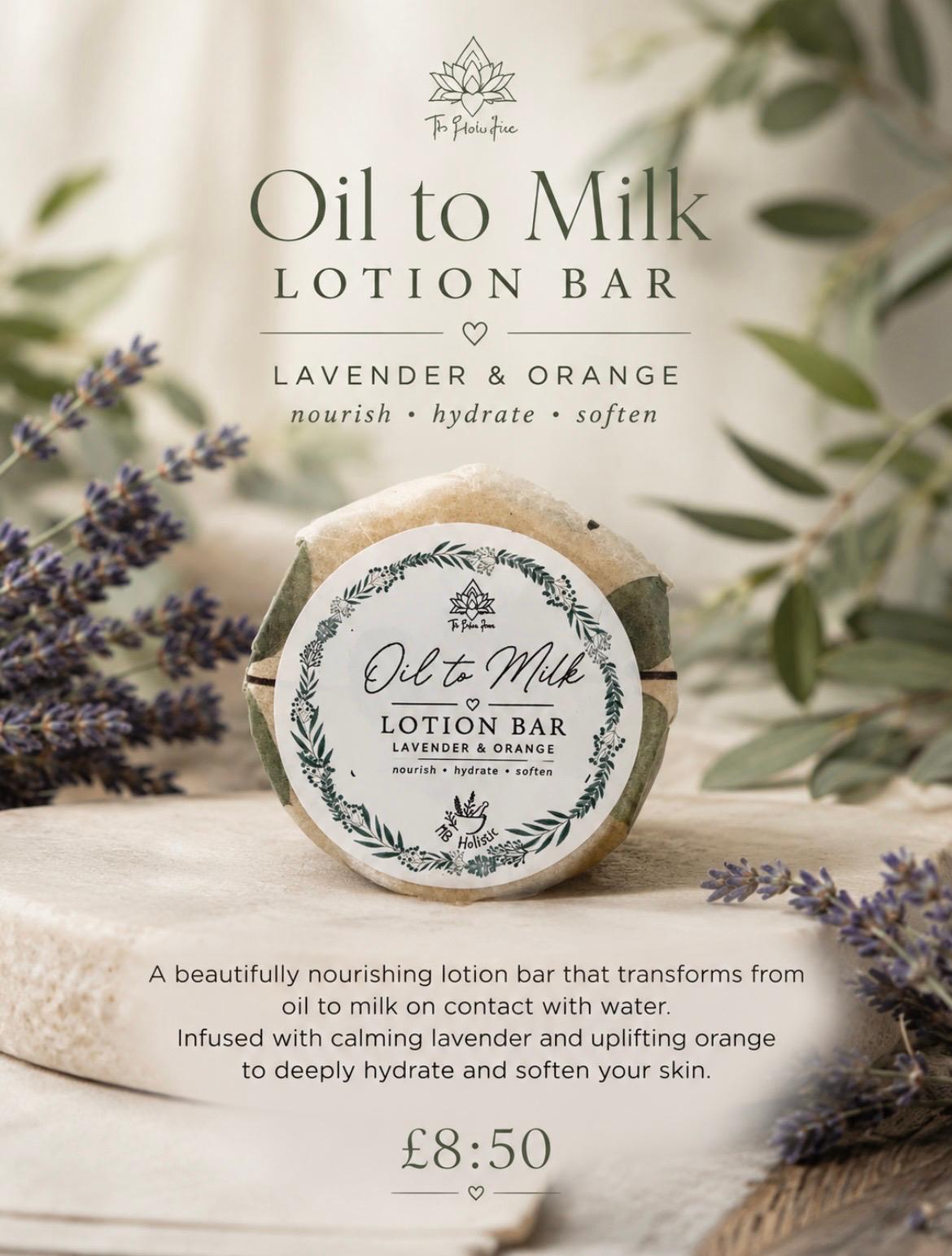 Oil to Milk Lotion Bar in Lavender and Orange, wrapped in botanical paper on a stone dish surrounded by fresh lavender