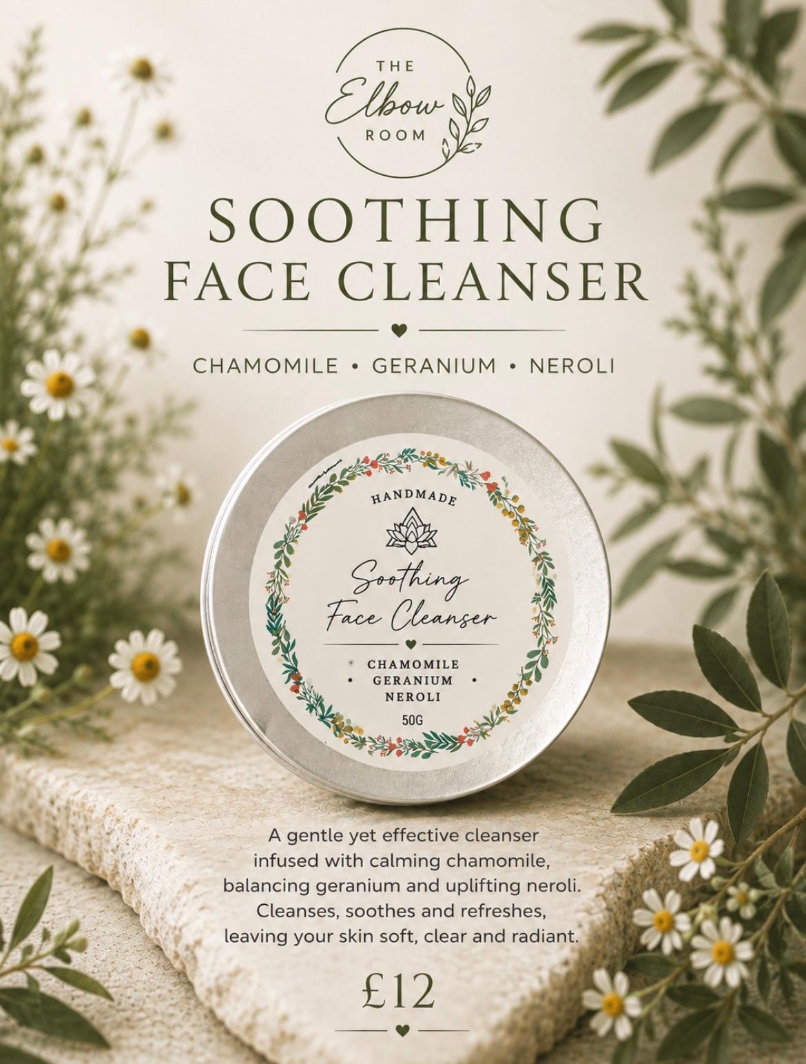 Soothing Face Cleanser tin with chamomile flowers and greenery around it